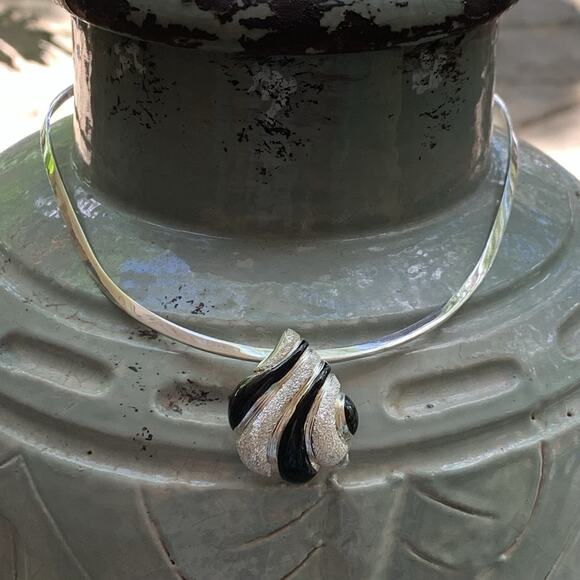 Sterling Silver & Black Onyx Slide Milor Made in Italy w/ Sterling Choker Mexico - Picture 1 of 9